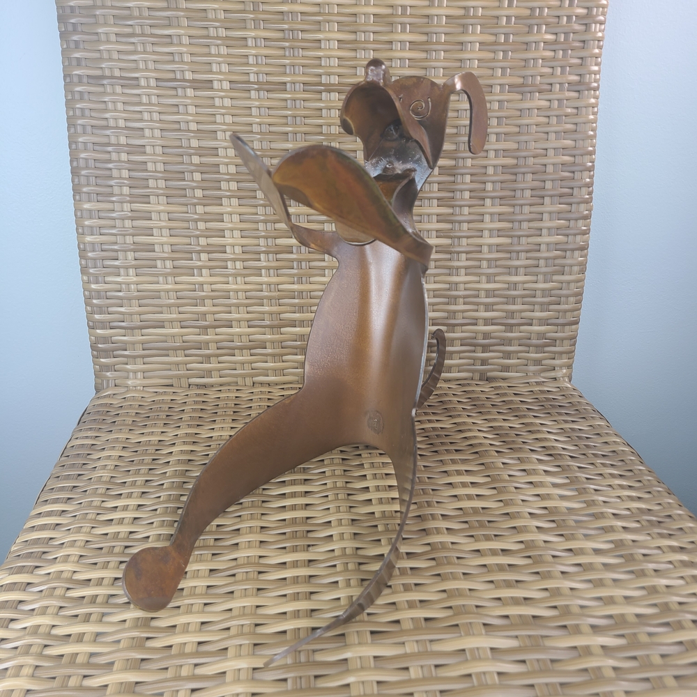 Folk Art Welded Scrap Metal Dog Wine Holder Heavy Signed By Artist